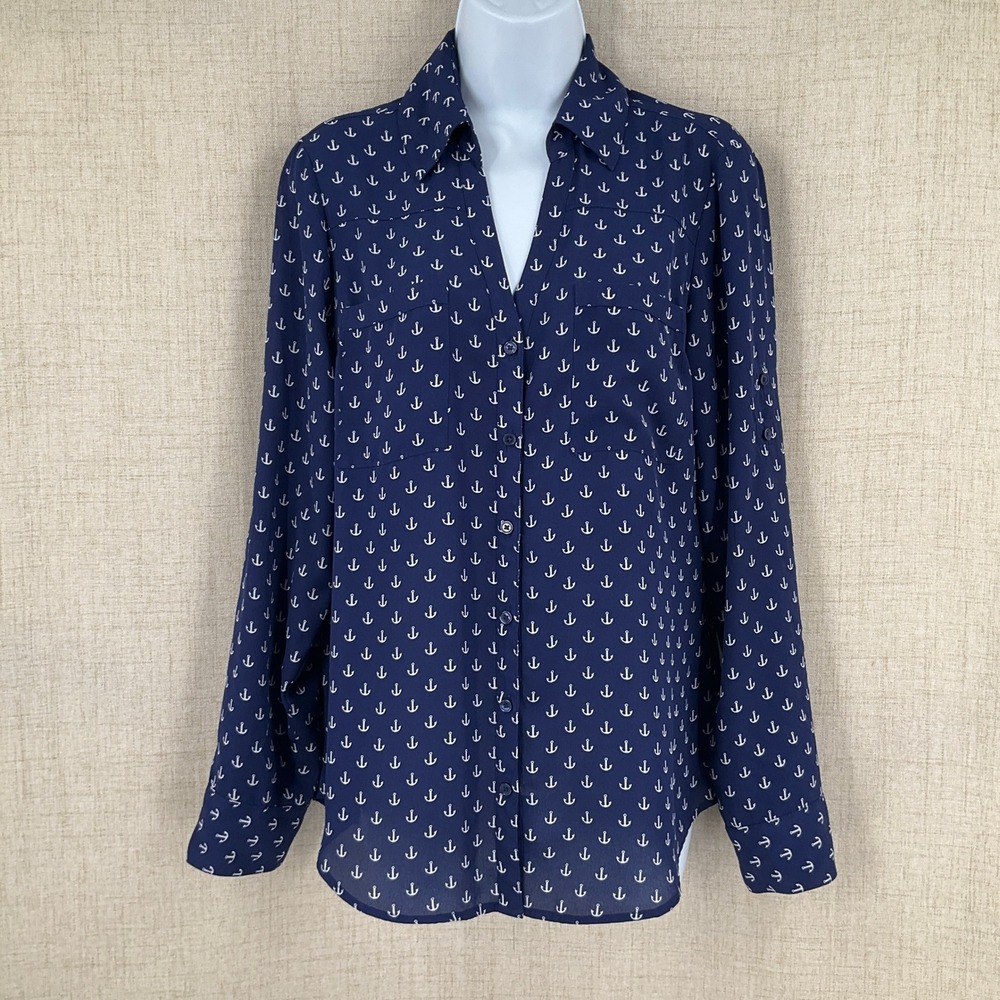 Express The Portofino Shirt M Navy Anchor Print Button Up Coastal Sailor Classic